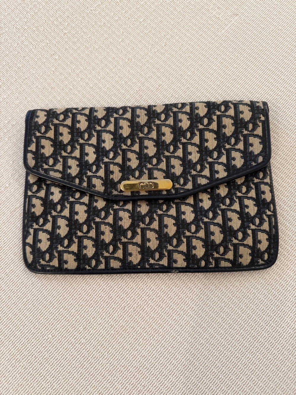 Dior Black and Beige Monogram Envelope Clutch with Gold-Tone Accent